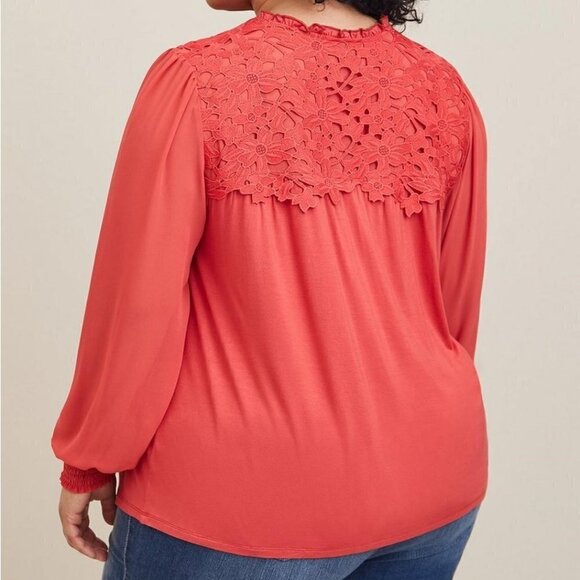 Torrid - Super Soft Chiffon Sleeve Lace Inset Tie Detail Top in Baked Apple - Picture 11 of 13